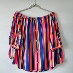 Jolie & Joy Womens Multicolor Striped Off Shoulder 3/4 Sleeve Blouse Top Size 1X